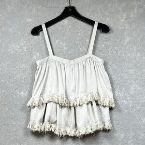 Koch Goldie Tank Womens Sz Small Silver Fringe Top Satin Tiered Tank Sleeveless